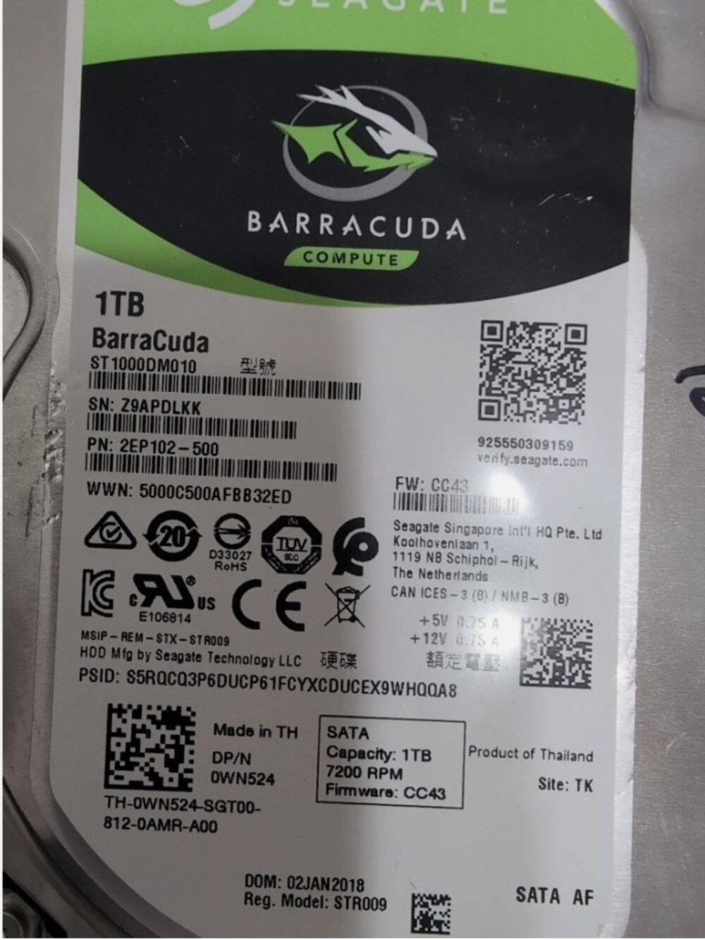 Seagate Barracuda SATA III ST1000DM010 DLKK 1TB HDD R2112R-10